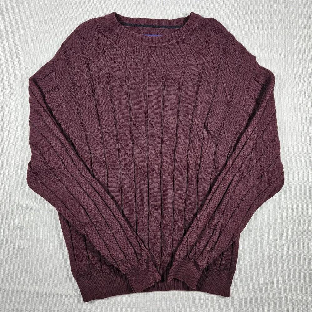 Alan‎ Flusser Burgundy Cable Knit Crewneck Sweater Mens Size L 100 Cotton
